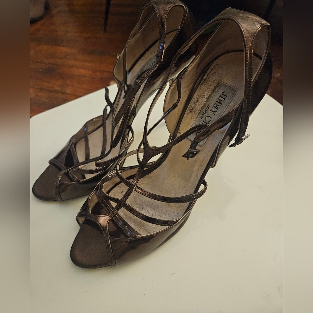 Jimmy Choo bronze metallic strappy pumps